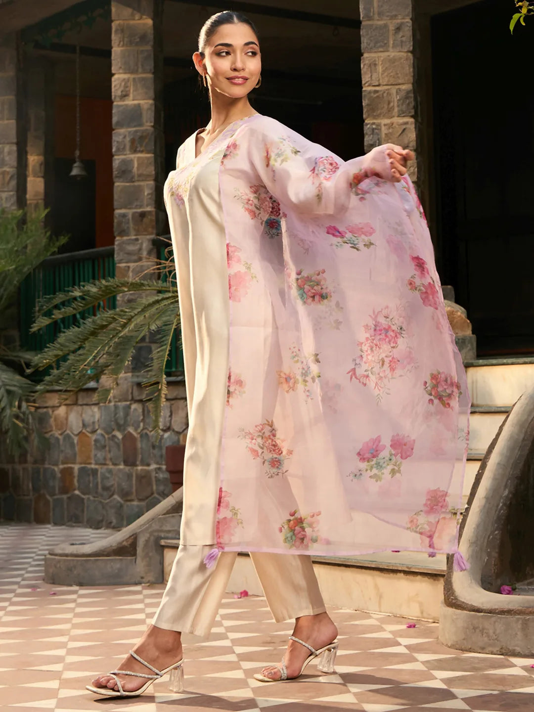 Off White Embroidered Straight Kurta Trousers With Dupatta set