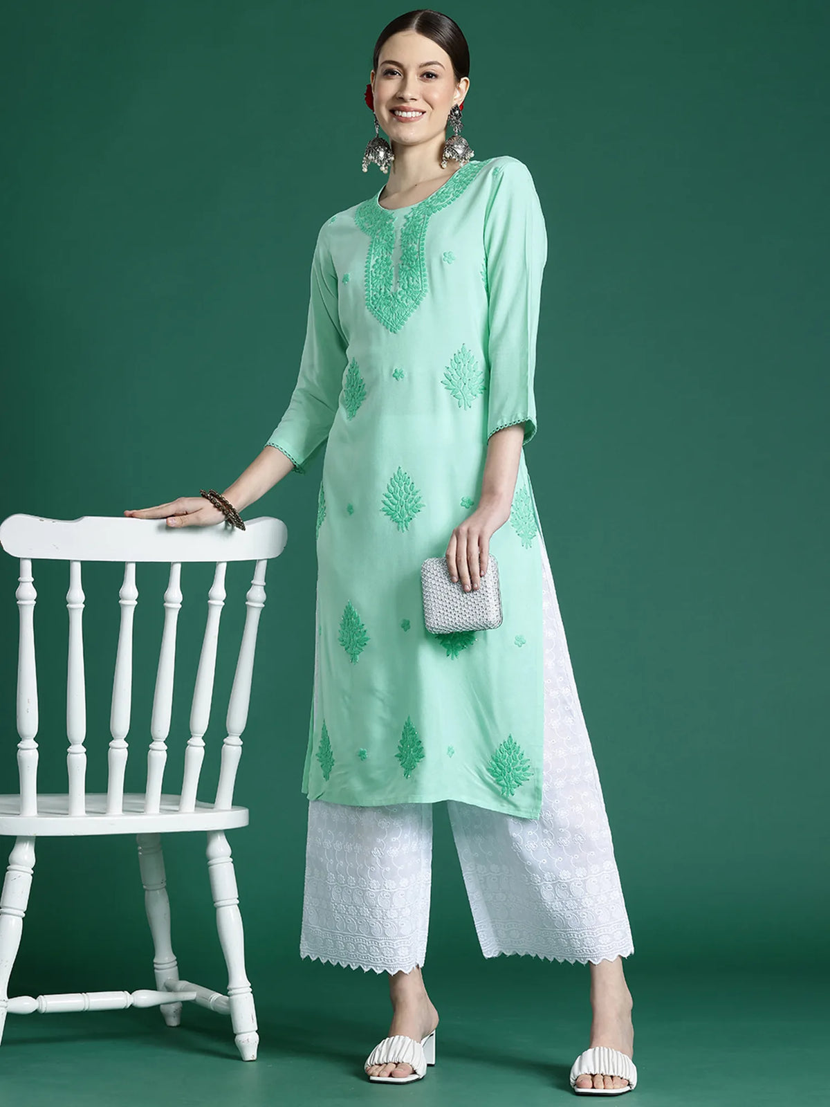 Sea Green Embroidered Straight Kurtas