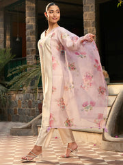 Off White Embroidered Straight Kurta Trousers With Dupatta set