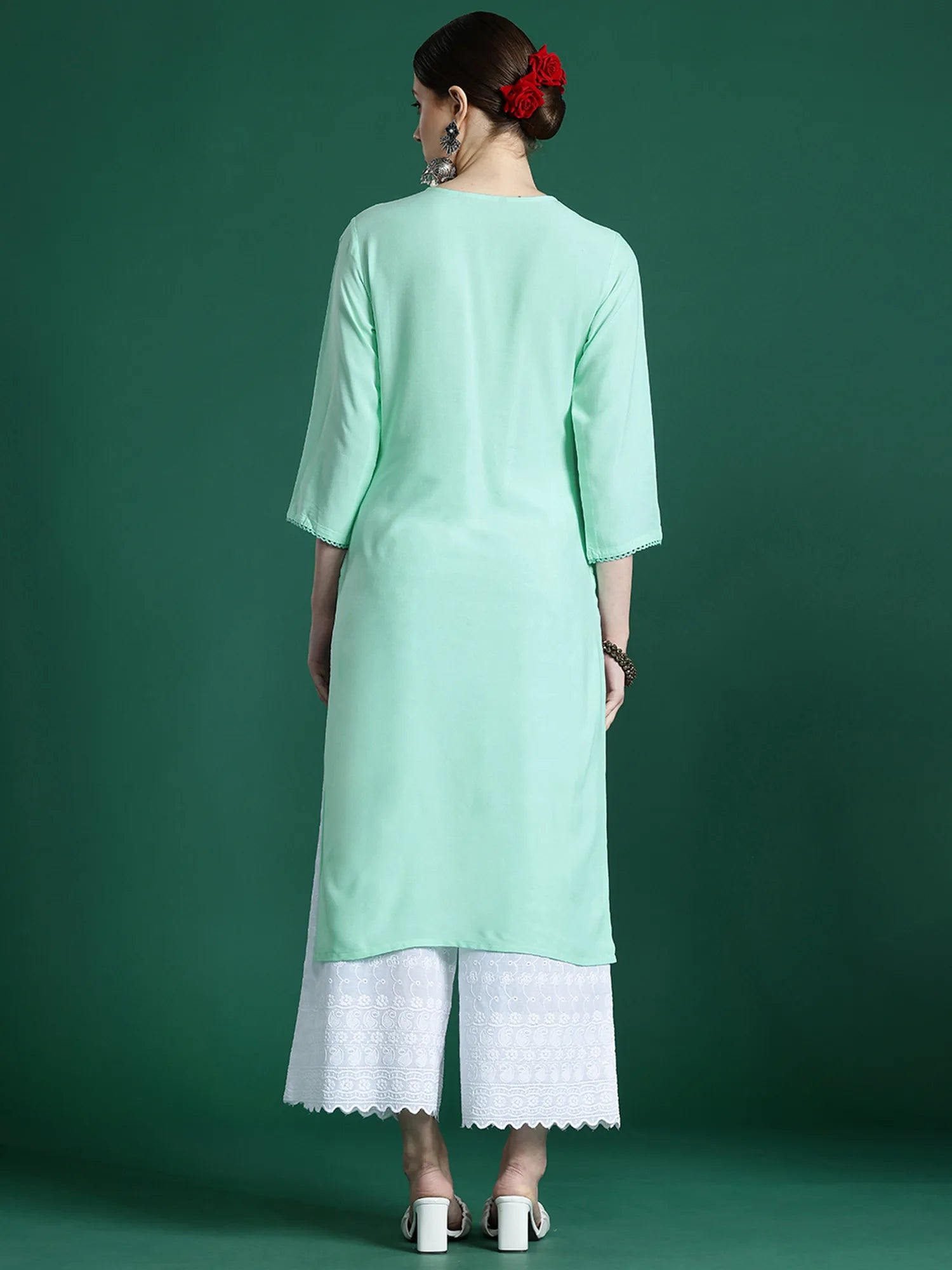 Sea Green Embroidered Straight Kurtas