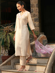 Off White Embroidered Straight Kurta Trousers With Dupatta set