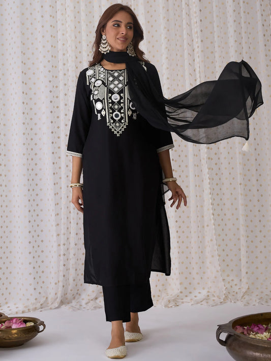 Black Embroidered Straight Kurta Trousers With Dupatta set