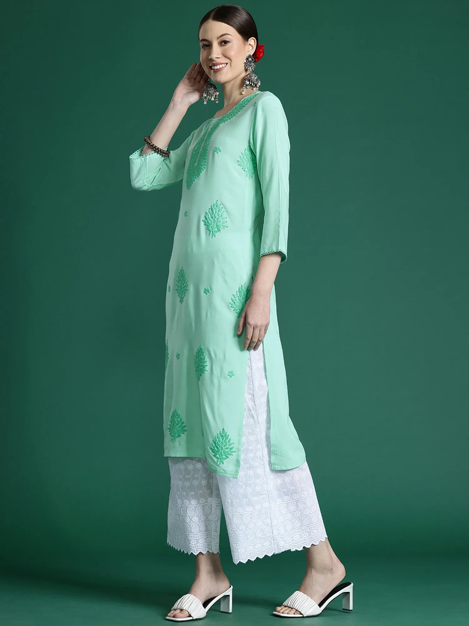 Sea Green Embroidered Straight Kurtas