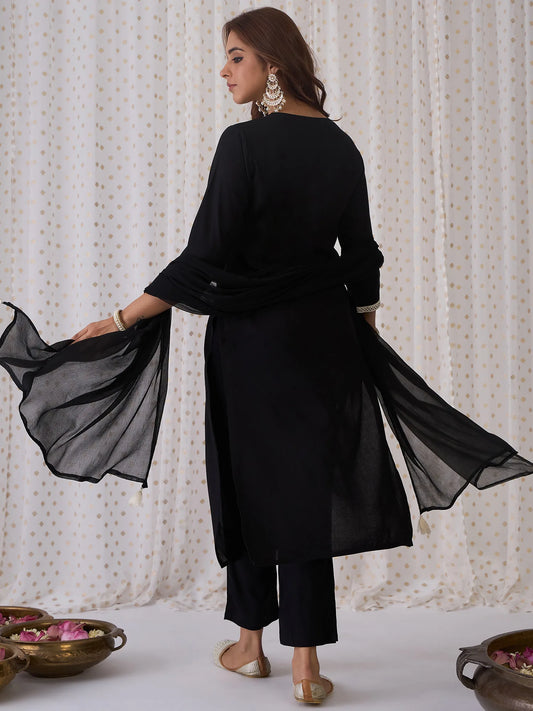 Black Embroidered Straight Kurta Trousers With Dupatta set