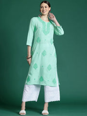 Sea Green Embroidered Straight Kurtas