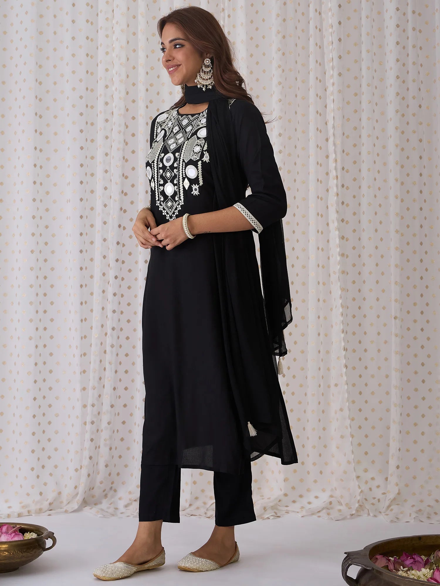 Black Embroidered Straight Kurta Trousers With Dupatta set