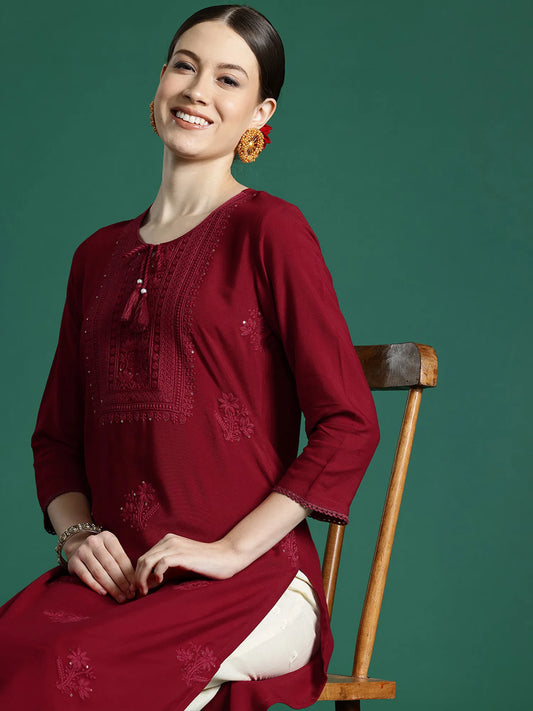 Maroon Embroidered Straight Kurtas