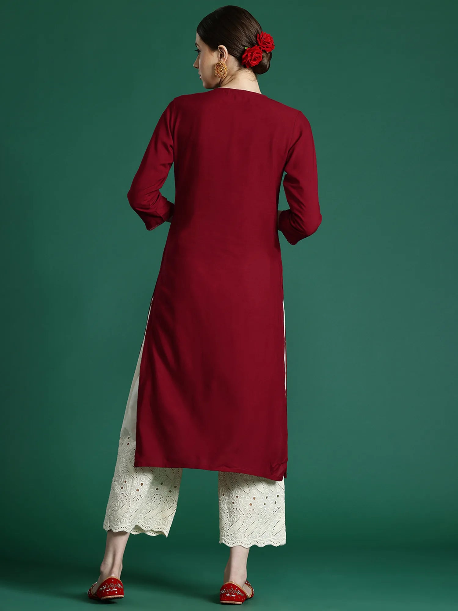 Maroon Embroidered Straight Kurtas