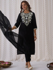 Black Embroidered Straight Kurta Trousers With Dupatta set