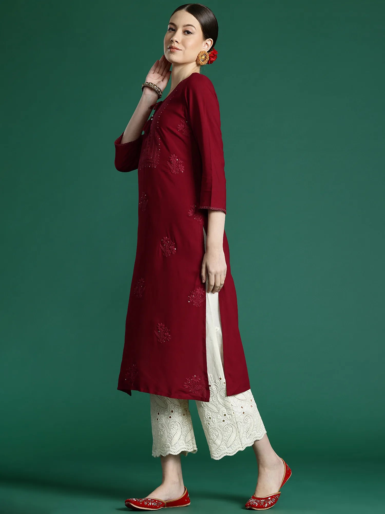 Maroon Embroidered Straight Kurtas