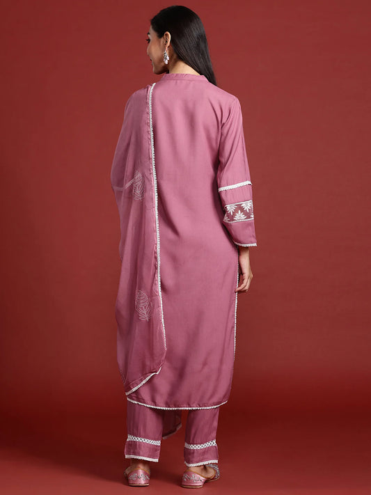 Mauve Embroidered Straight Kurta Trousers With Dupatta set