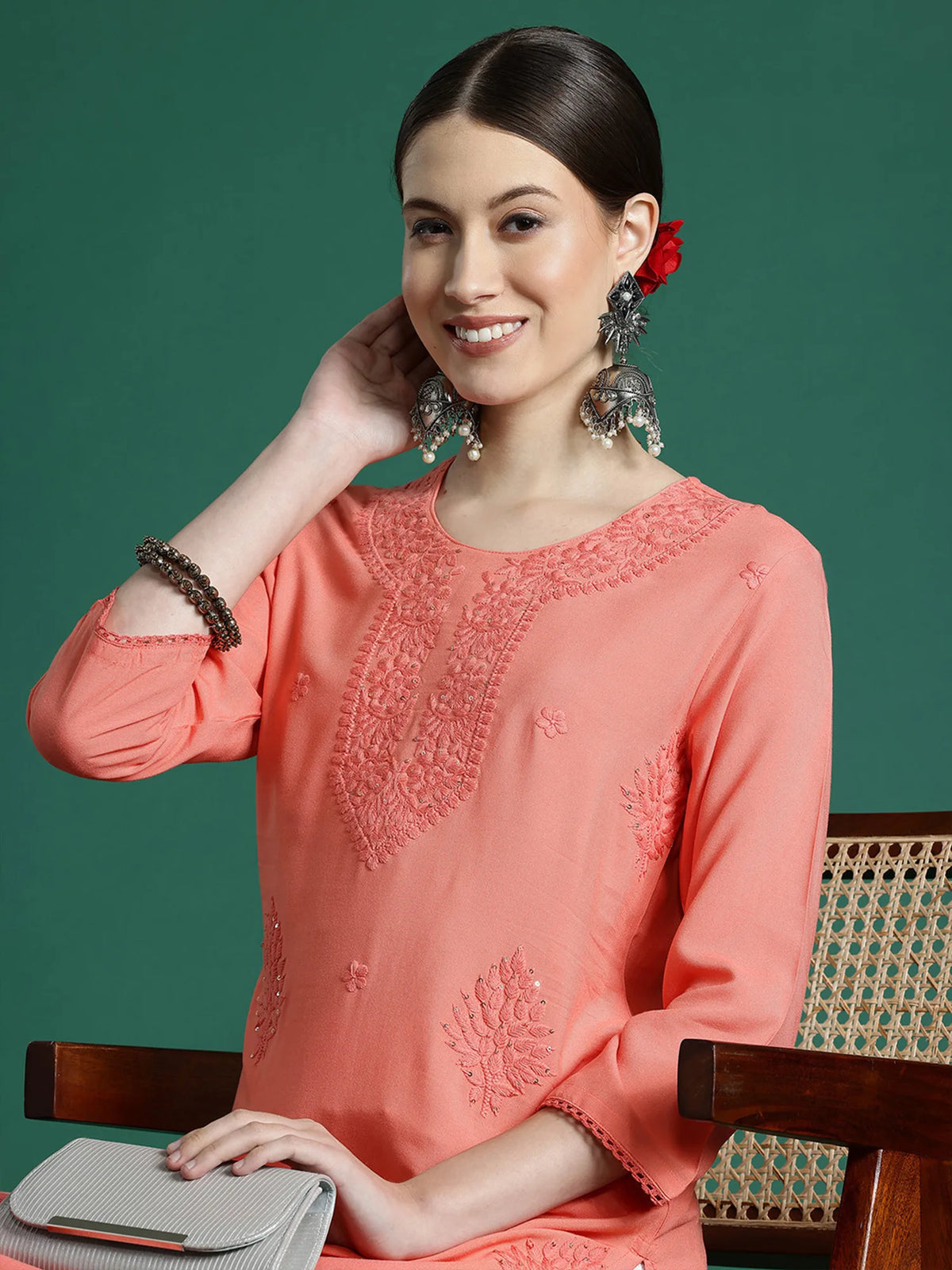 Peach Embroidered Straight Kurtas