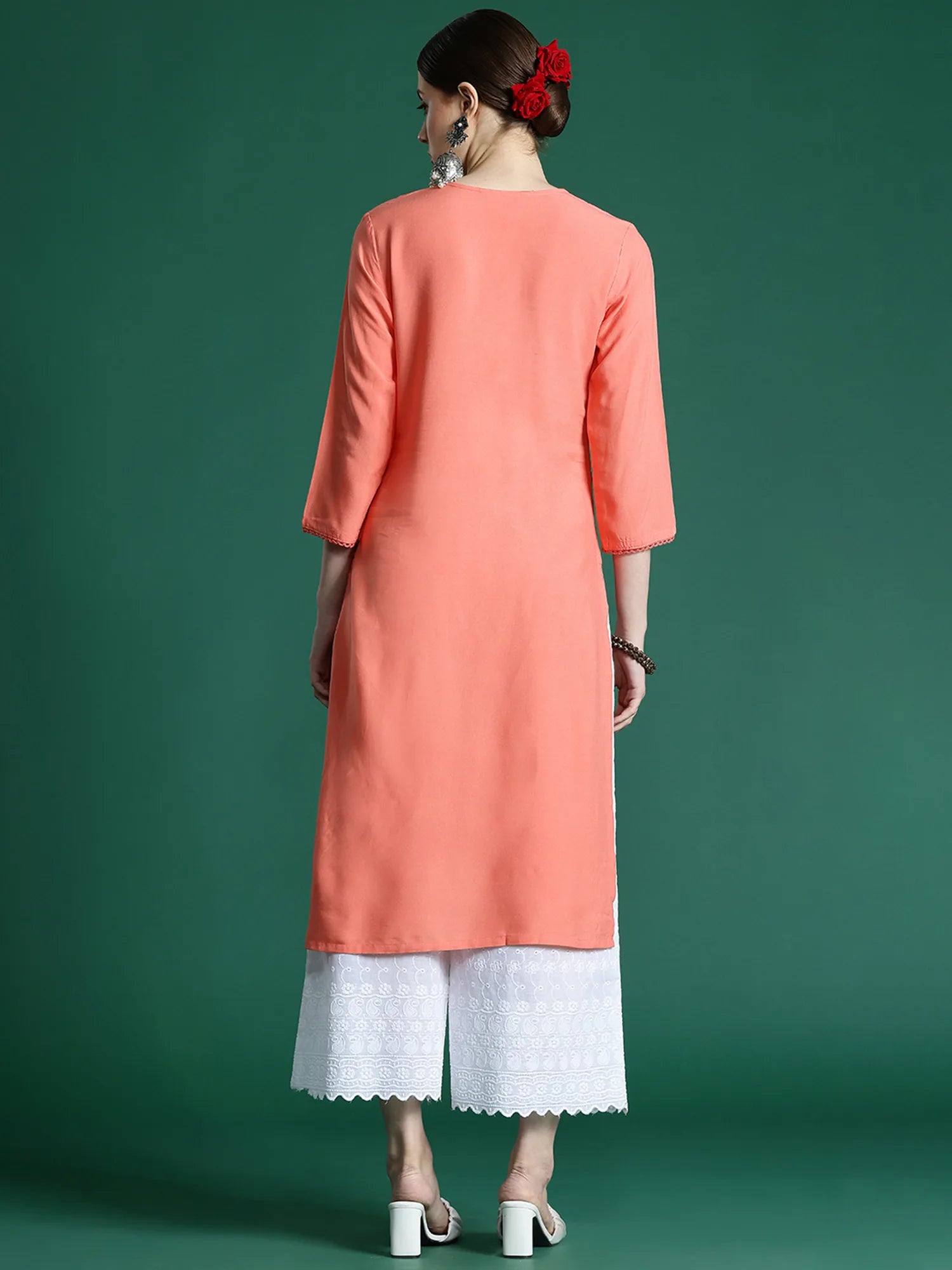 Peach Embroidered Straight Kurtas