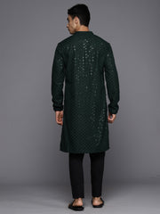 Men Green Geometric Cotton Embroidered Straight Kurtas