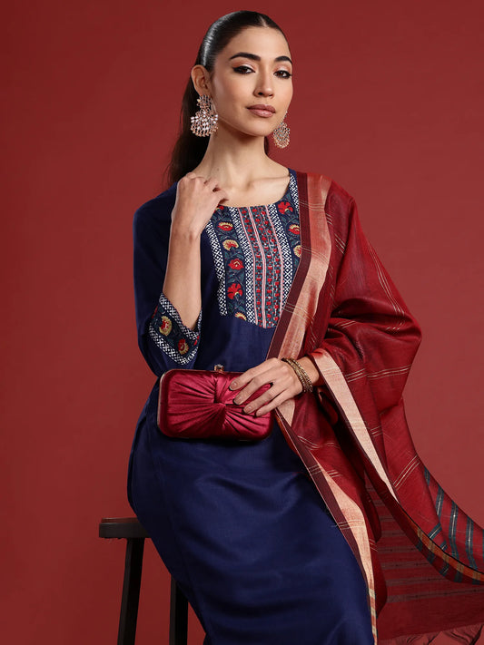 Navy Blue Yoke Design Straight Kurta Trousers With Dupatta Set