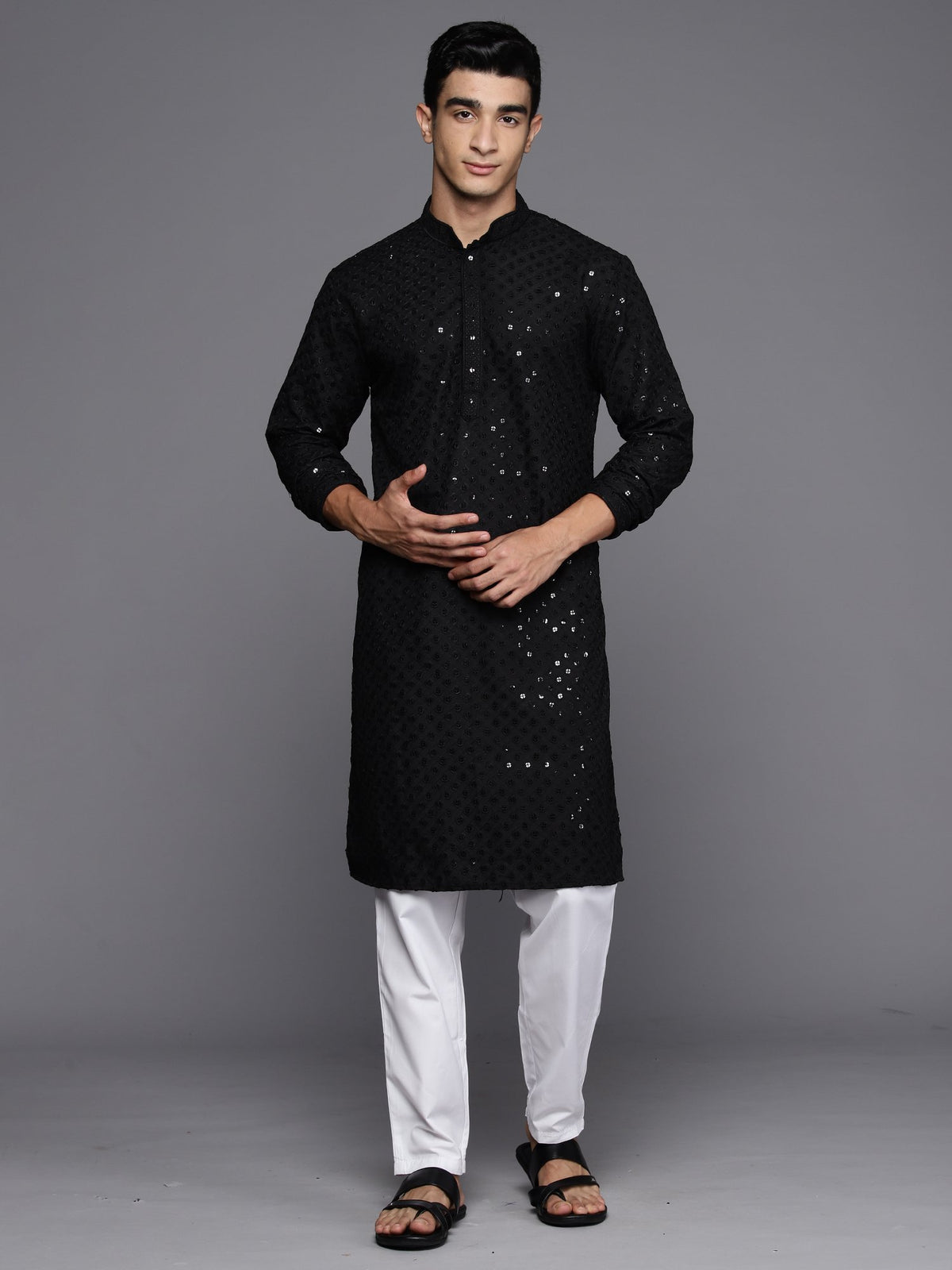 Indo Era - Men Black Geometric Cotton Embroidered Straight Kurtas