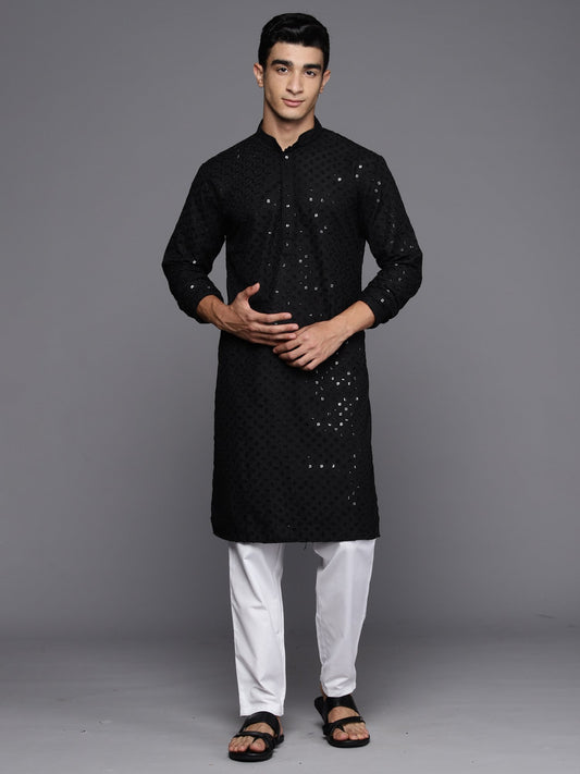 Men Black Geometric Cotton Embroidered Straight Kurtas