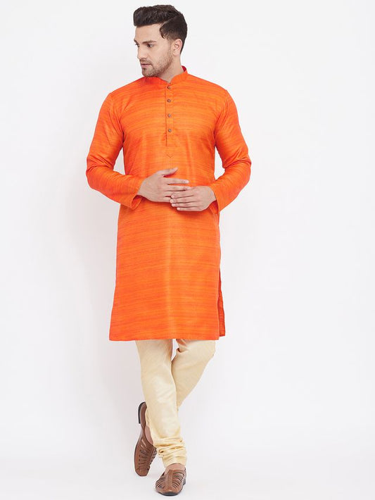 VM by Vastramay Men's Orange And Gold Silk Blend Kurta Pyjama Set