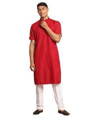 VM by Vastramay Men's Maroon And White Cotton Blend Kurta Pyjama Set