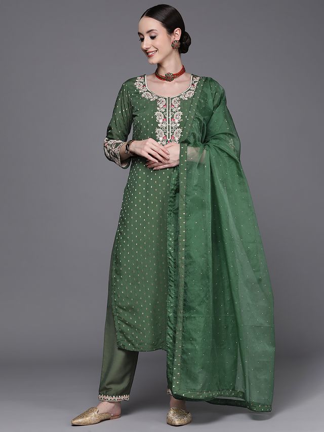 Indo Era Green Embroidered Straight Kurta Trousers With Dupatta Set