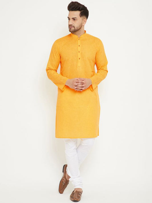 VM by Vastramay Men's Yellow And White Cotton Blend Kurta Pyjama Set