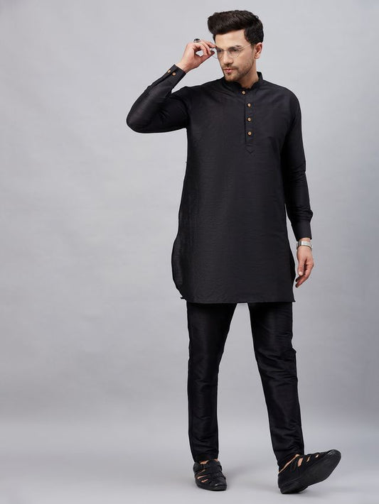 VM Men's Black And Black Cotton Blend Kurta Pyjama Set