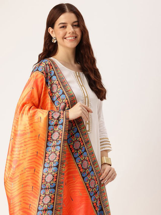 Sangam Prints Orange Art Silk Printed Traditional Tassel Dupatta