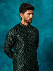 VM Men's Green And Rose Gold Silk Blend Kurta Pyjama Set