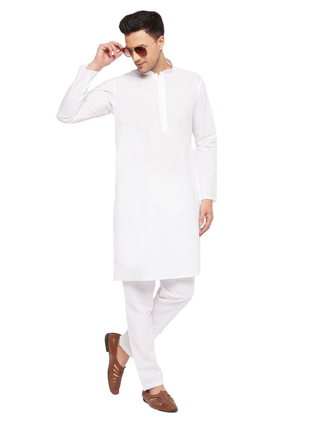 VM Men's White Cotton Blend Kurta Pyjama Set