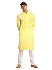 Vastramay Men's Mustard And White Pure Cotton Kurta Pyjama Set