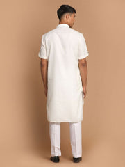 VM by Vastramay Men's Cream And White Cotton Blend Kurta Pyjama Set