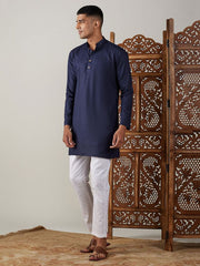 VASTRAMAY Men's Navy Blue And White Cotton Blend Kurta Pyjama Set