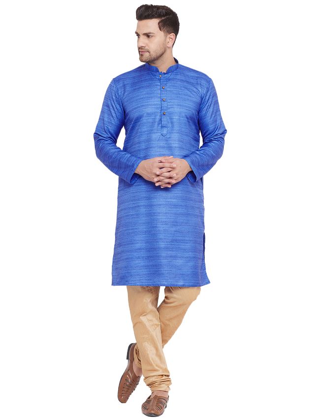 VM by Vastramay Men's Blue And Rose Gold Silk Blend Kurta Pyjama Set