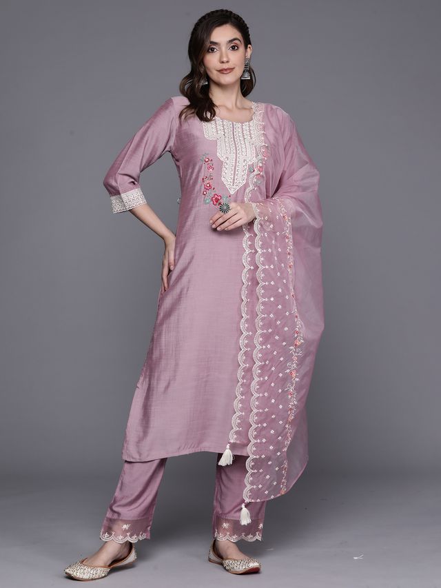 Indo Era Lavender Embroidered Straight  Kurta Trousers With Dupatta Set