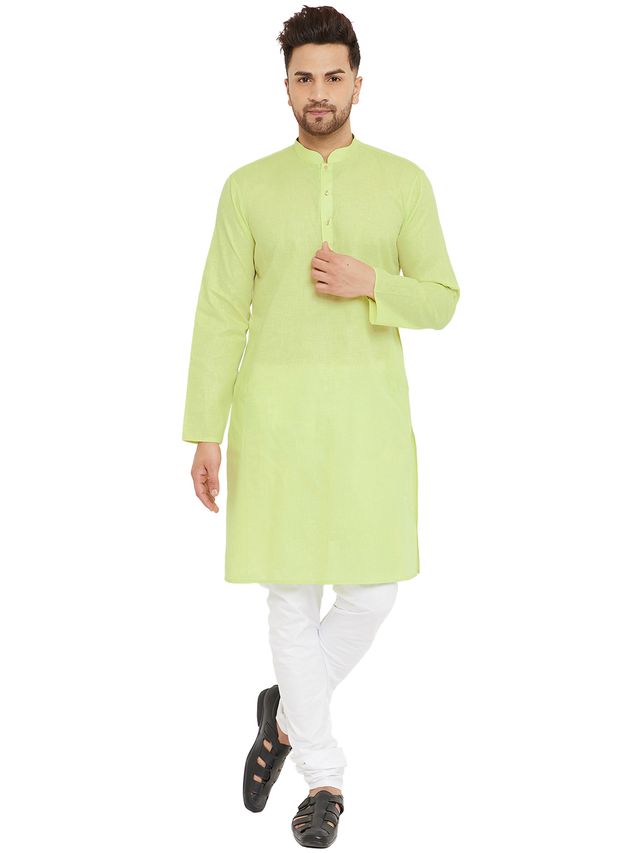 VM by Vastramay Men's Green And White Cotton Blend Kurta Pyjama Set