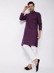 Vastramay Men's Purple And White Cotton Linen Kurta Pyjama Set