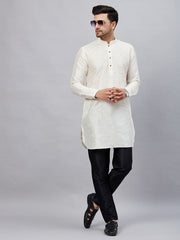 VM Men's Cream And Black Cotton Blend Kurta Pyjama Set