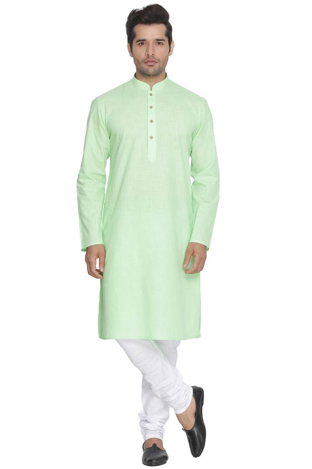 Vastramay Men's Green Cotton Linen Blend Kurta Pyjama Set