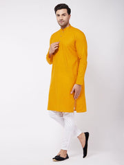 Vastramay Men's Mustard And White Cotton Linen Kurta Pyjama Set