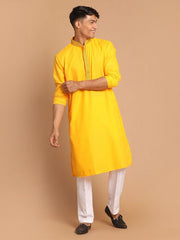 Vastramay Men's Yellow And White Cotton Blend Kurta Pyjama Set