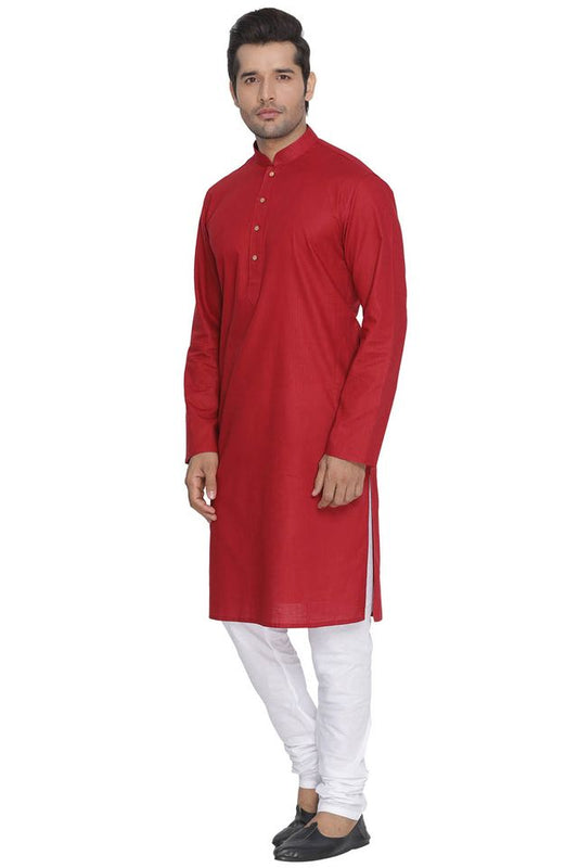 Vastramay Men's Maroon Cotton Linen Blend Kurta Pyjama Set