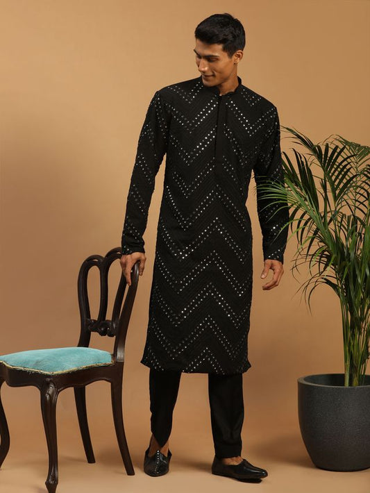 Shrestha By Vastramay Men's Black Georgette Kurta Pyjama Set