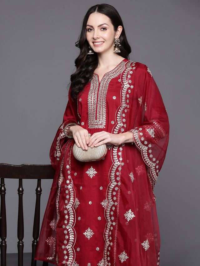 Indo Era Red Embroidered Straight Kurta Trousers With Dupatta Set