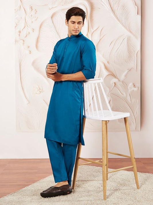 VASTRAMAY Men's Blue Cotton Blend Kurta Pyjama Set