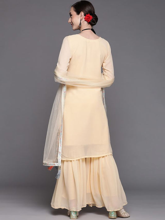 Indo Era Beige Embroidered Straight Kurta Sharara With Dupatta Set