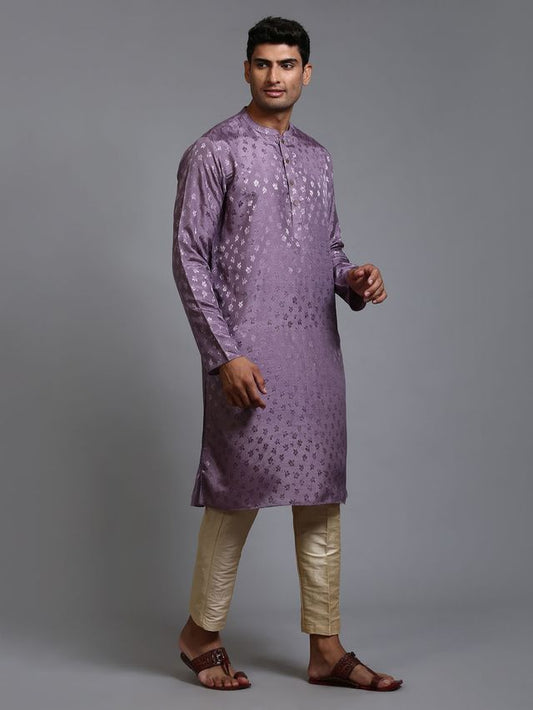 VM Men's Purple And Gold Silk Blend Kurta Pyjama Set