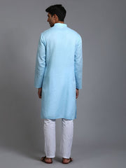 VM Men's Aqua And White Cotton Kurta Pyjama Set