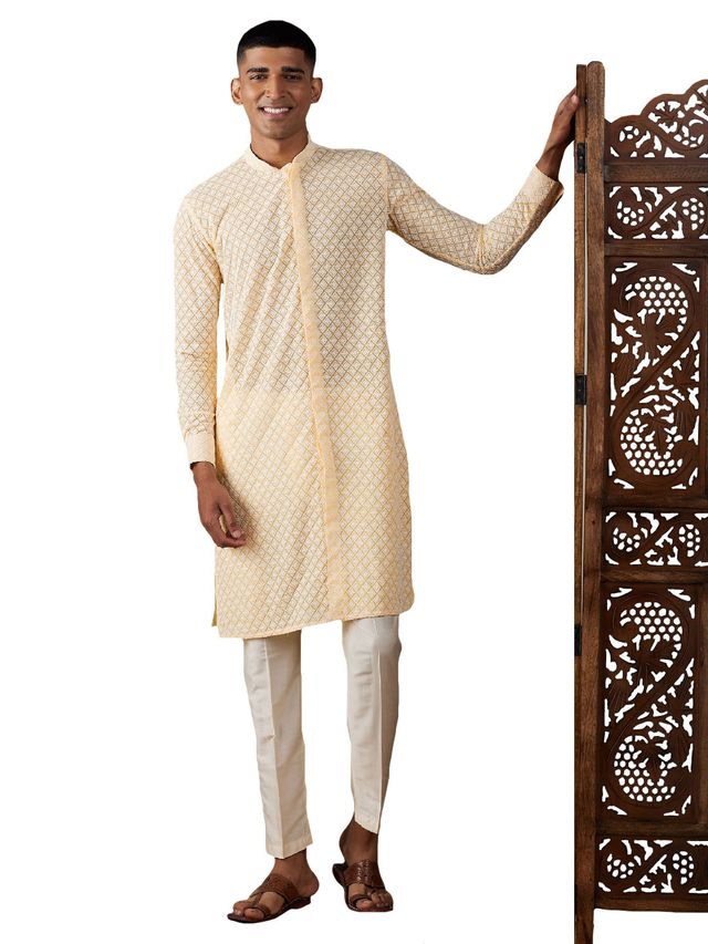 Vastramay Men's Yellow Georgette Kurta & Pyjama