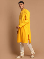 Vastramay Men's Yellow And Cream Cotton Blend Kurta Pyjama Set