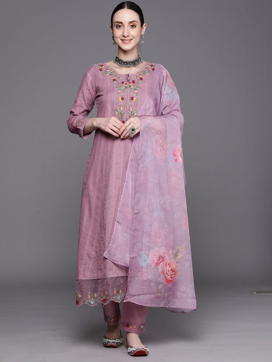 Indo Era Lavender Embroidered A-Line Kurta Trousers With Dupatta Set